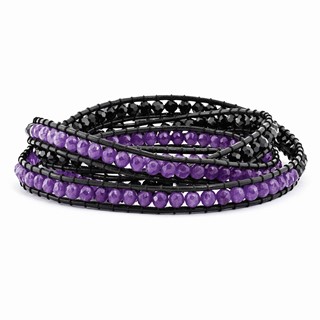 Black Crystal/Purple Quartz Bead/Leather Multi-wrap Bracelet