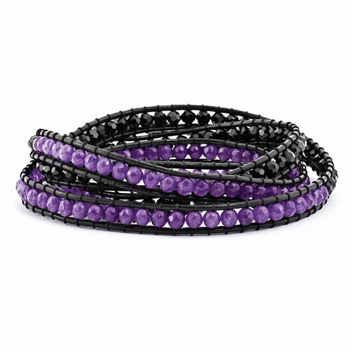 Black Crystal Purple Quartz Beads Bracelet with Black Leather Cord Plus 1 Inch Multi-wrap, 34"