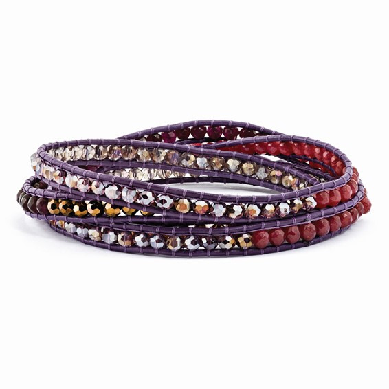 Multi Crystal and Multi Quartz Leather Multi-wrap Bracelet