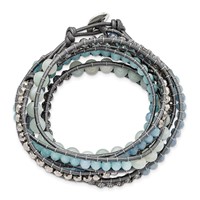 Aquamarine Blue Quartz Crystal Beads Bracelet with Grey Leather Cord Plus 1 Inch Multi-wrap, 34" view 3