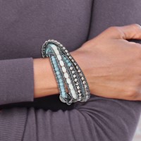 Aquamarine Blue Quartz Crystal Beads Bracelet with Grey Leather Cord Plus 1 Inch Multi-wrap, 34" view 4