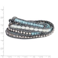 Aquamarine Blue Quartz Crystal Beads Bracelet with Grey Leather Cord Plus 1 Inch Multi-wrap, 34" view 2