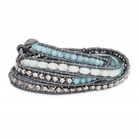 Aquamarine Blue Quartz Crystal Beads Bracelet with Grey Leather Cord Plus 1 Inch Multi-wrap, 34" view 1