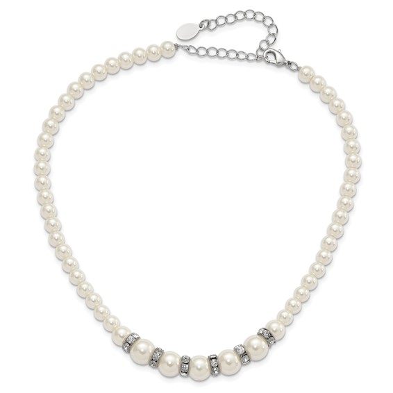 1928 Silver-tone Clear Crystal and Simulated Pearl 15in w/ 3in ext Necklace