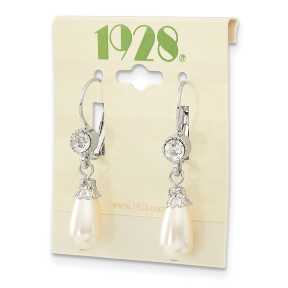 1928 Jewelry Silver-tone Clear Crystal Imitation Pearl Teardrop Dangle Leverback Earrings