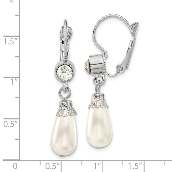 1928 Jewelry Silver-tone Clear Crystal Imitation Pearl Teardrop Dangle Leverback Earrings