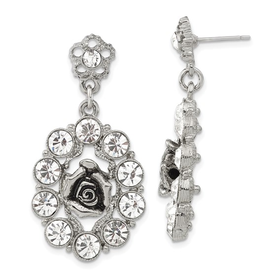 1928 Silver-tone White Crystal Rose Post Dangle Earrings