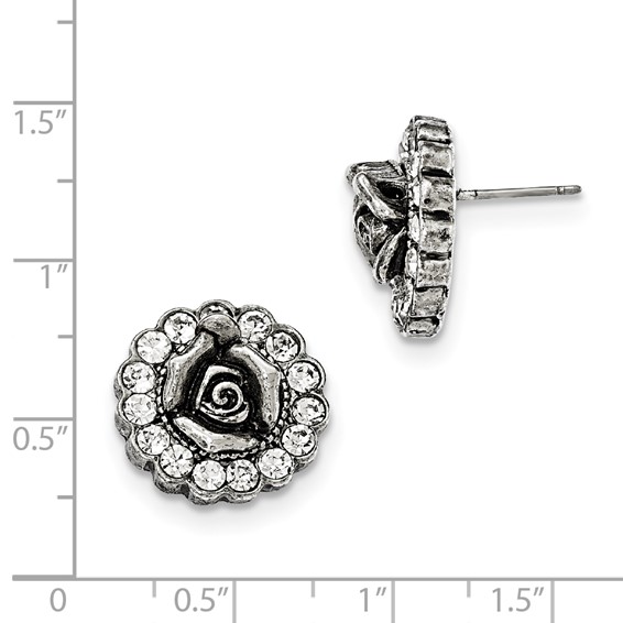 1928 Silver-tone White Crystal Rose Post Earrings