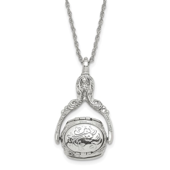 1928 Jewelry Silver-tone Three Sided Spinning Floral Pattern Oval 13mm Lockets 30 inch Necklace Holds 6 Photos