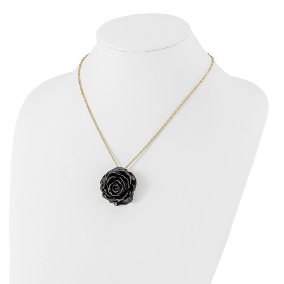 Lacquer Dipped Black Real Rose with 18 inch Gold-tone Necklace