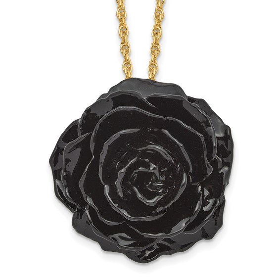 Lacquer Dipped Black Real Rose with 18 inch Gold-tone Necklace