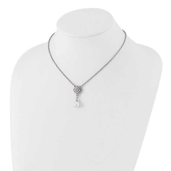 1928 Silver-tone Crystal and Imitation Pearl 16in w/ 3in ext. Necklace