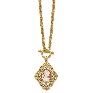 1928 Jewelry Gold-tone Filigree Frame Crystal Accent and Imitation Dark Carnelian with Ivory Colored Lady Cameo 18 inch Necklace