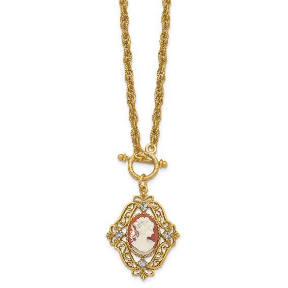 1928 Jewelry Gold-tone Filigree Frame Crystal Accent and Imitation Dark Carnelian with Ivory Colored Lady Cameo 18 inch Necklace