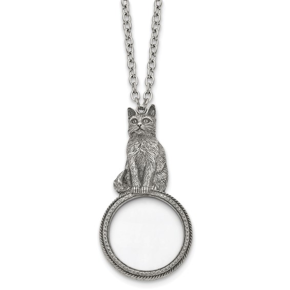 1928 Jewelry Silver-tone Cat Handle 2-3X Magnifying Glass 30 inch Necklace