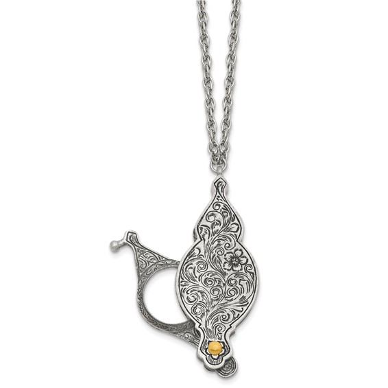 1928 Jewelry Pewter-tone and Gold-tone Vintage Floral Antiqued Cover with Fold Out 6-7X Magnifying Glass 30 inch Necklace