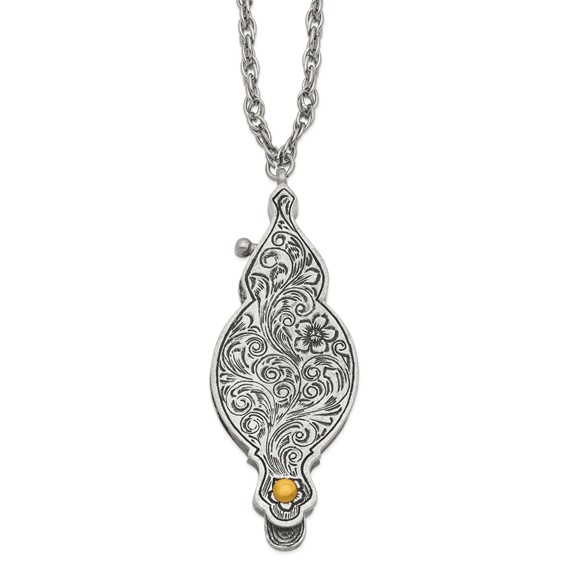 1928 Jewelry Pewter-tone and Gold-tone Vintage Floral Antiqued Cover with Fold Out 6-7X Magnifying Glass 30 inch Necklace