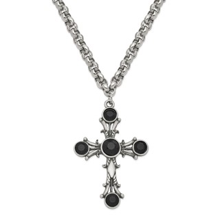 1928 Jewelry Silver-tone Jet BlackGlass Cross 16 inch Necklace with 3 inch extension