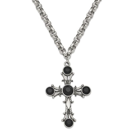 1928 Jewelry Silver-tone Jet BlackGlass Cross 16 inch Necklace with 3 inch extension
