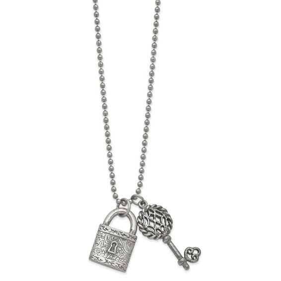 1928 Jewelry Silver-tone Filigree Pattern Lock and Fliigree Pattern Key Pendants 23.5 inch Necklace