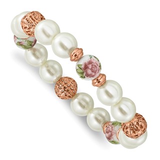 1928 Jewelry Rose-tone Filigree Pattern Imitation Pearl Floral Motif Decal Beaded Stretch Bracelet