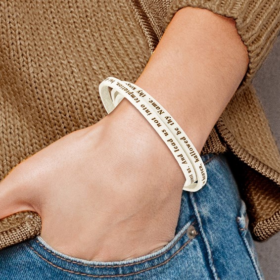 AMEN Stainless Steel Lord's Prayer White Leather Wrap with Magnetic Clasp with Magnetic Clasp 21 Inch Bracelet