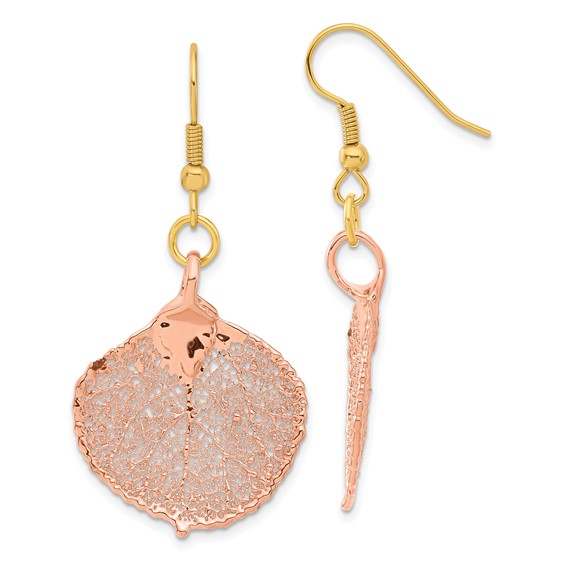 24k Rose Gold Dipped Real Aspen Leaf Shepherd Hook Earrings