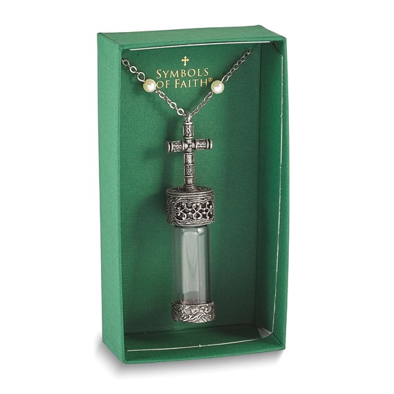Symbols of Faith Pewter Silver-tone Cross Cap Glass Vial 30 Inch Necklace
