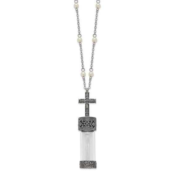Symbols of Faith Pewter Silver-tone Cross Cap Glass Vial 30 Inch Necklace