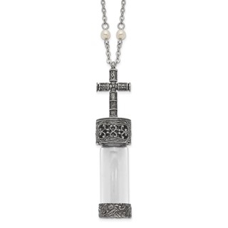 Symbols of Faith Pewter Silver-tone Cross Cap Glass Vial 30 Inch Necklace