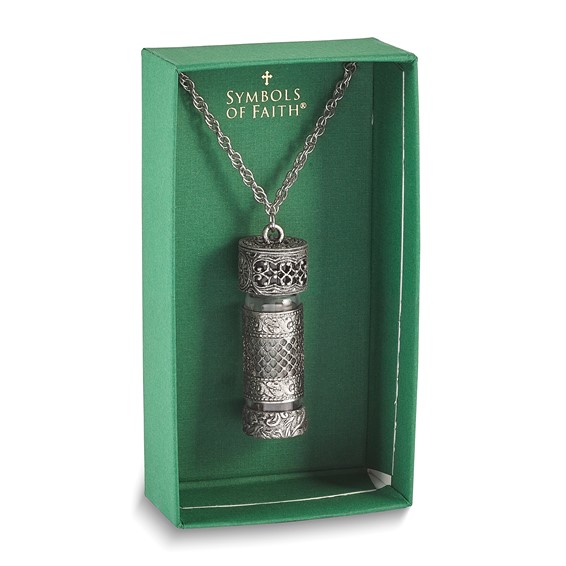 1928 Pewter Silver-tone Filigree Glass Vial with Cap 30 Inch Necklace