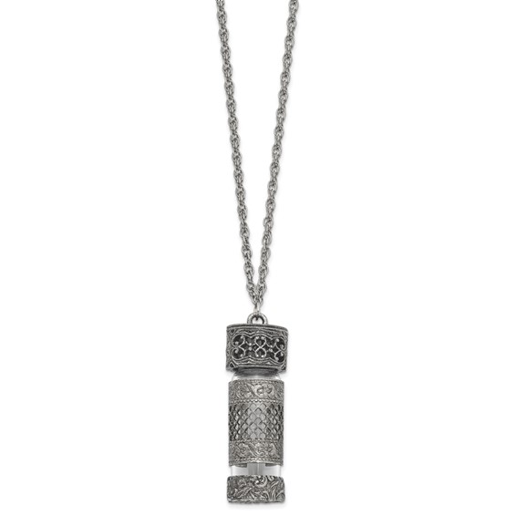 1928 Pewter Silver-tone Filigree Glass Vial with Cap 30 Inch Necklace