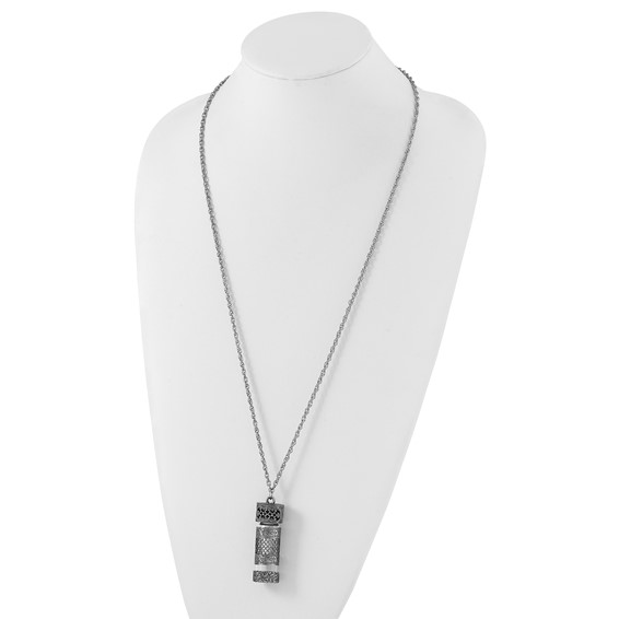 1928 Pewter Silver-tone Filigree Glass Vial with Cap 30 Inch Necklace