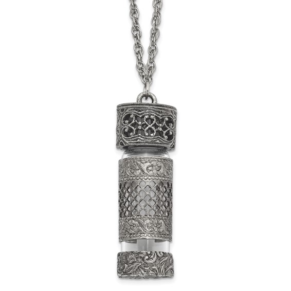 1928 Pewter Silver-tone Filigree Glass Vial with Cap 30 Inch Necklace