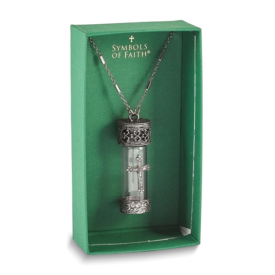 Symbols Of Faith Antique Pewter and Silver-tone Glass Cross Vial with Screw Cap 30 inch Necklace