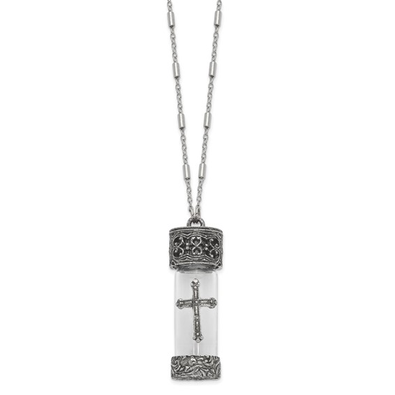 Symbols Of Faith Antique Pewter and Silver-tone Glass Cross Vial with Screw Cap 30 inch Necklace