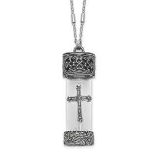 Symbols Of Faith Antique Pewter and Silver-tone Glass Cross Vial with Screw Cap 30 inch Necklace