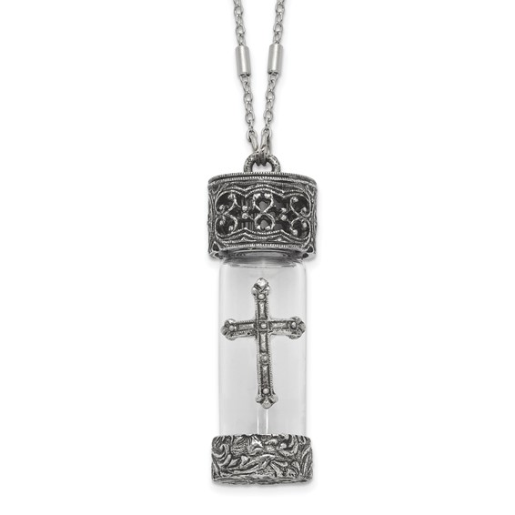 Symbols Of Faith Antique Pewter and Silver-tone Glass Cross Vial with Screw Cap 30 inch Necklace