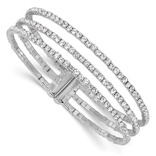Silver-tone Crystal 3 Row Flexible Cuff Bangle