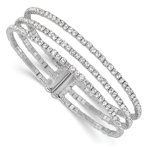 Silver-tone Crystal 3 Row Flexible Cuff Bangle
