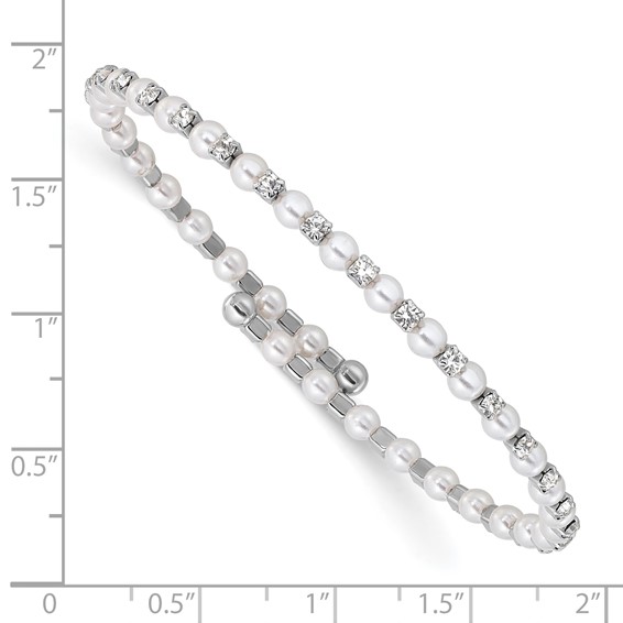 Silver-tone Imitation Acrylic Pearl & Crystal Flexible Bangle
