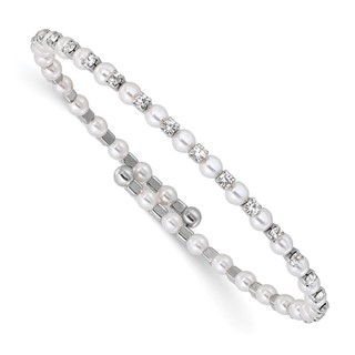 Silver-tone Imitation Acrylic Pearl & Crystal Flexible Bangle