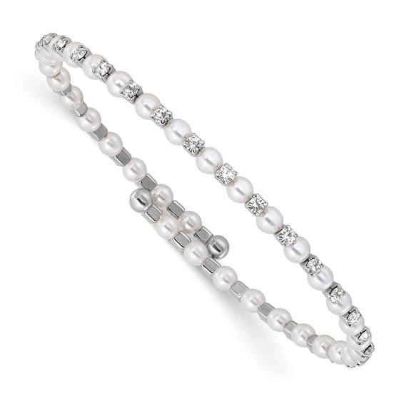 Silver-tone Imitation Acrylic Pearl & Crystal Flexible Bangle