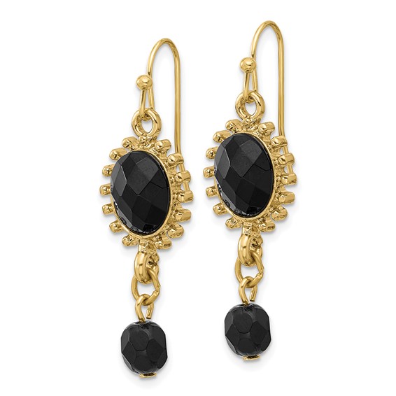 1928 Gold-toned Black Crystal Oval Shape and Bead Drop Earrings