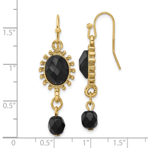 1928 Gold-toned Black Crystal Oval Shape and Bead Drop Earrings
