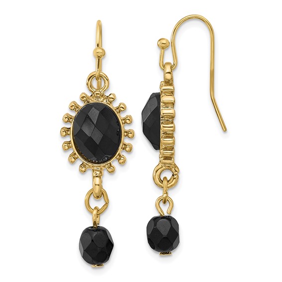 1928 Gold-toned Black Crystal Oval Shape and Bead Drop Earrings