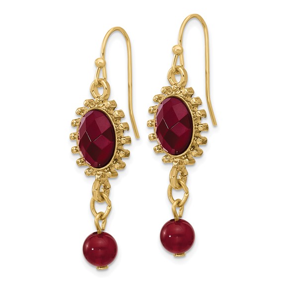 1928 Gold-toned Red Crystal Oval Shape and Bead Wire Drop Earrings