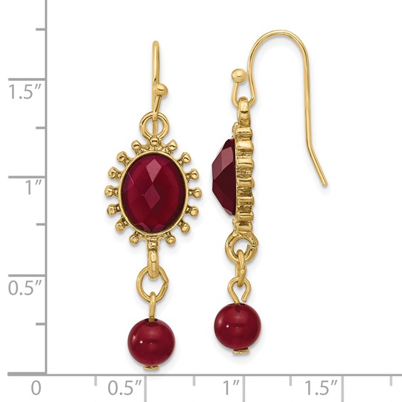 1928 Gold-toned Red Crystal Oval Shape and Bead Wire Drop Earrings