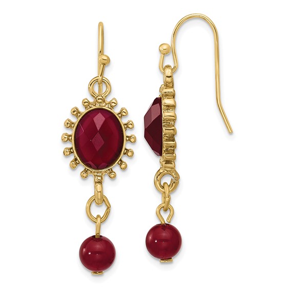 1928 Gold-toned Red Crystal Oval Shape and Bead Wire Drop Earrings