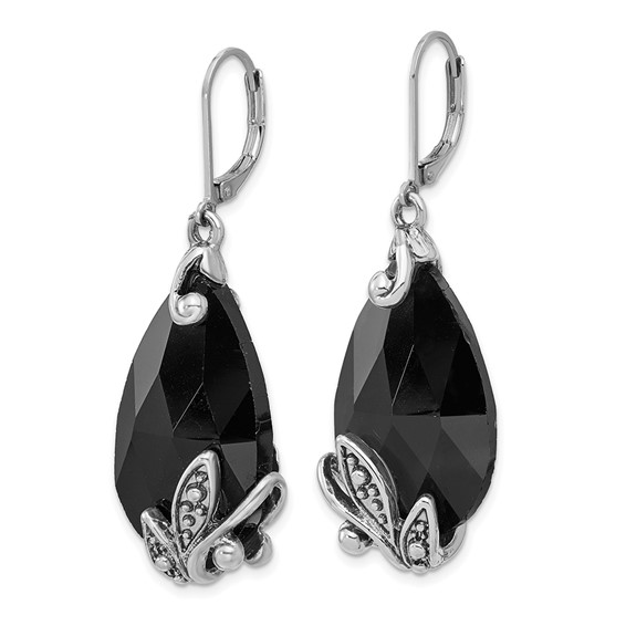 1928 Silver-tone Black Crystal Teardrop Dangle Leverback Earrings